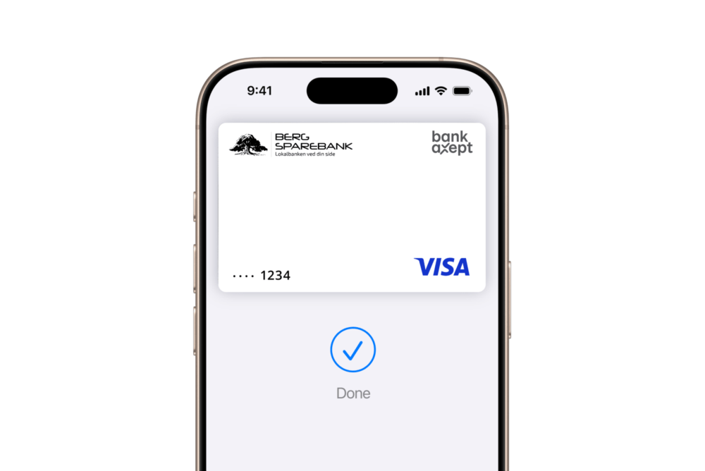IPhone viser et digitalt betalingskort med bekreftelse 'Done'.